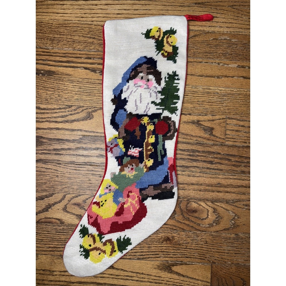 Vintage Needlepoint Christmas Santa Toys Stocking Red Velvet Left Hanging